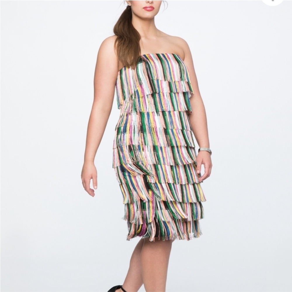 ELOQUII Rainbow Fringe Strapless Dress